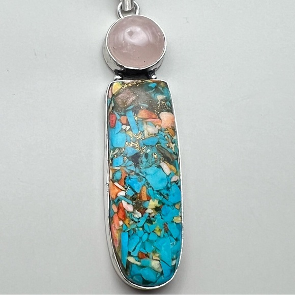 New Rose Quartz Crystal Stone Crystal Spiny Oyster Silver Overlay Pendant w Cord - Picture 3 of 6